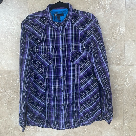 INC International Concepts Purple Plaid Western Shirt Men’s Large Long Sleeve - Picture 2 of 14